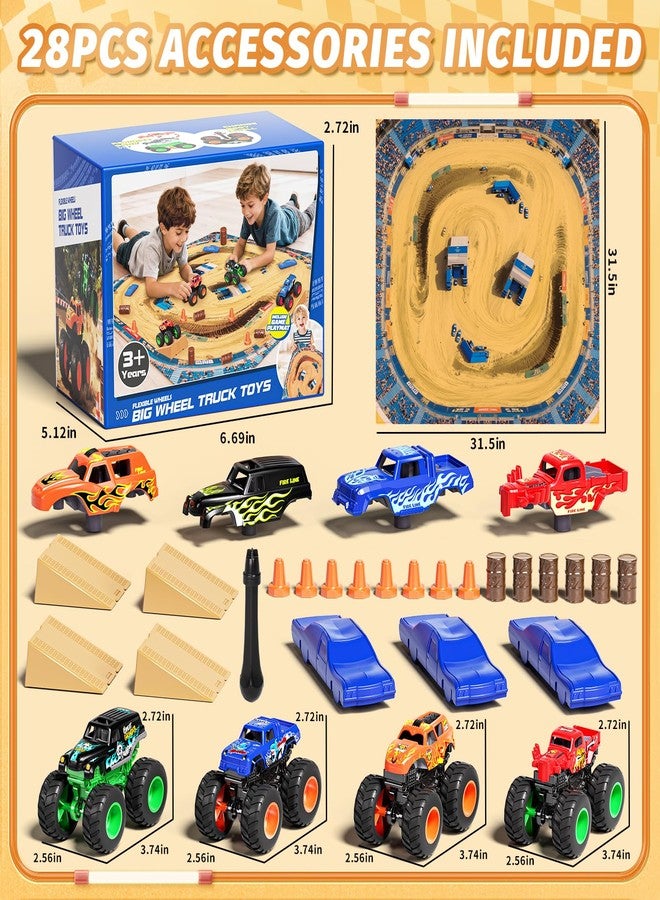 TOPMVP 28pcs Monster Truck Playset with Race Track Arena Mat, 1:64 Mini Toy Trucks with Ramps, Barrels & Crushed Cars, DIY Truck Racing Game with 4 Themes, Birthday Gifts for Boys Kids Age 6-12 - Image 5