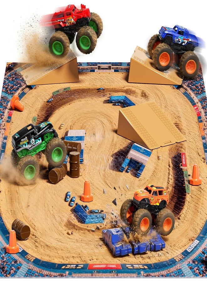 TOPMVP 28pcs Monster Truck Playset with Race Track Arena Mat, 1:64 Mini Toy Trucks with Ramps, Barrels & Crushed Cars, DIY Truck Racing Game with 4 Themes, Birthday Gifts for Boys Kids Age 6-12 - Image 1