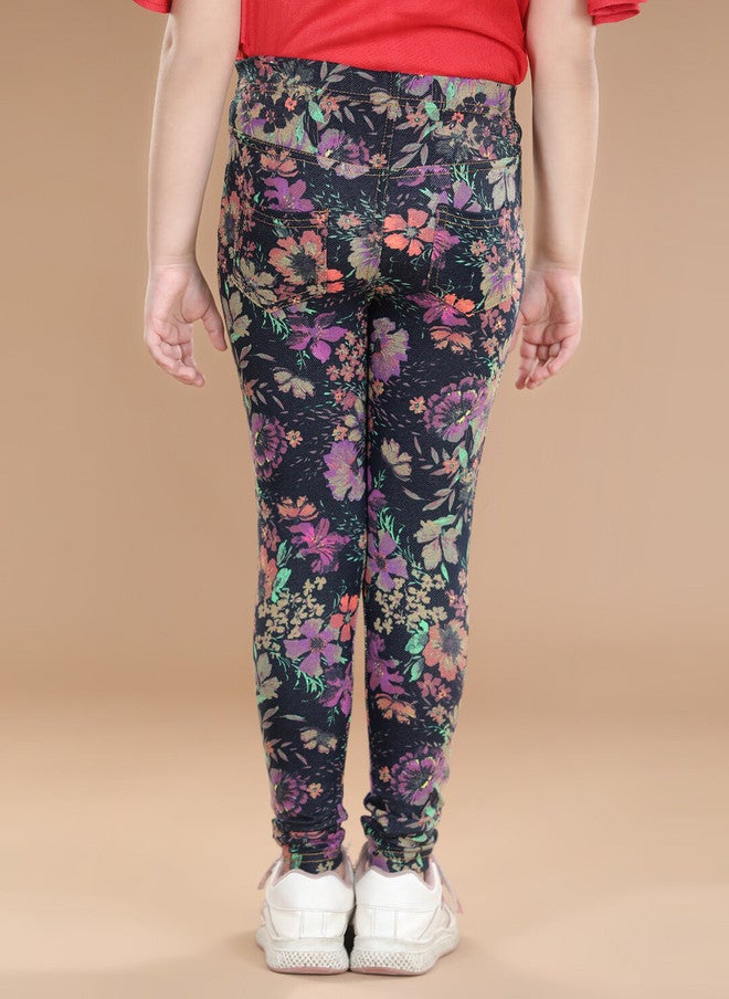 StyleStone Girls Black & Purple Printed Cotton Jeggings - Image 3