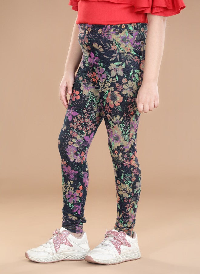 StyleStone Girls Black & Purple Printed Cotton Jeggings - Image 2