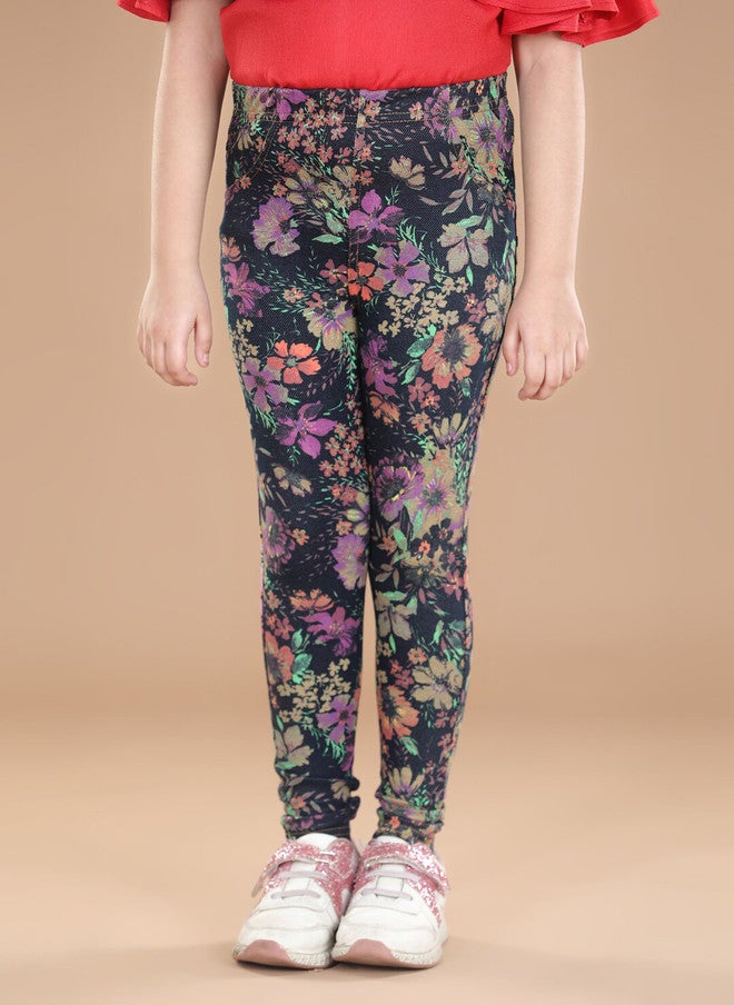 StyleStone Girls Black & Purple Printed Cotton Jeggings - Image 1