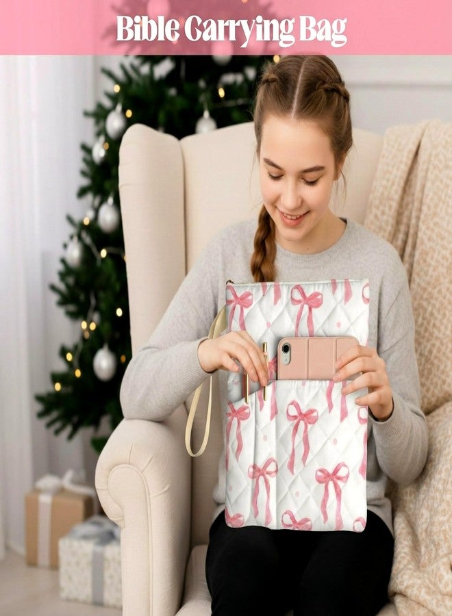 Gilprop Zippered Bible Book Case 11" x 9" Padded Protective Washable Quilted Book Covers Pink Bow Print Bible Pouch with Handle Pockets Protector Lover Christian Gifts - Image 4
