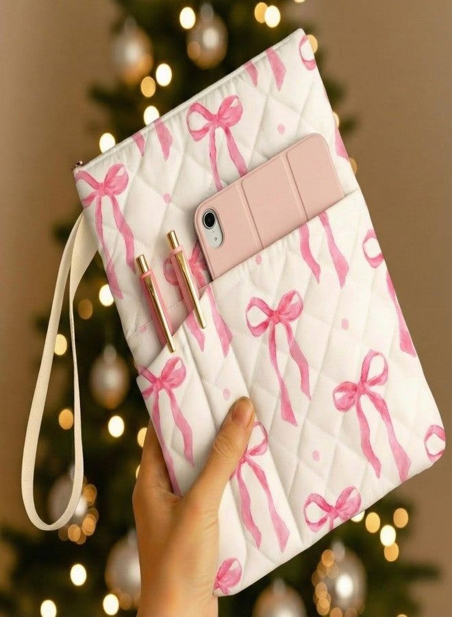 Gilprop Zippered Bible Book Case 11" x 9" Padded Protective Washable Quilted Book Covers Pink Bow Print Bible Pouch with Handle Pockets Protector Lover Christian Gifts - Image 1