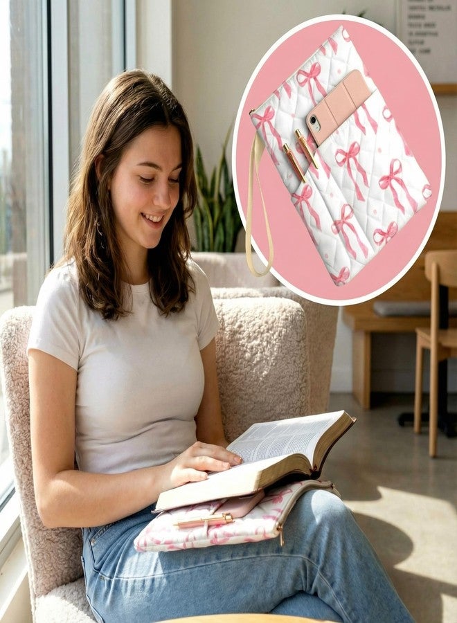 Gilprop Zippered Bible Book Case 11" x 9" Padded Protective Washable Quilted Book Covers Pink Bow Print Bible Pouch with Handle Pockets Protector Lover Christian Gifts - Image 5