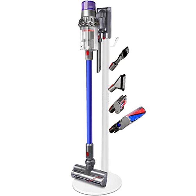 XIGOO Freestanding Vacuum Stand Holder Compatible with V15 Detect, V11 V10 V8 V7 V6 Cordless Vacuum Cleaners, Floor Docking Station Metal Organizer Bracket with 5 Hooks, White - Image 1