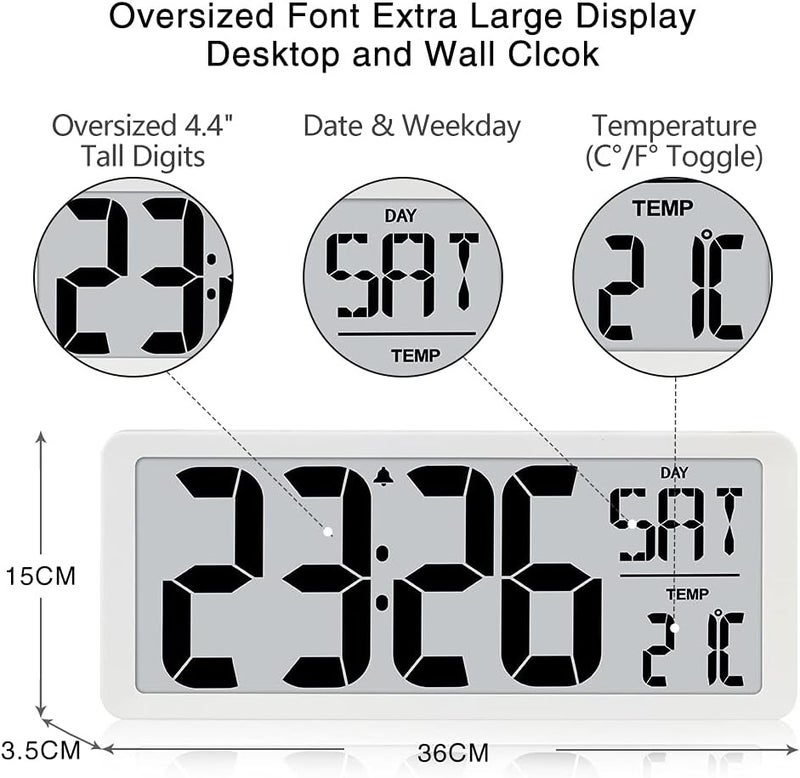 TXL 14.2" Large Digital Day Wall Clock, Custom 8 Languages Calendar, Count up-Down Timer and Temp Reminder, 12/24Hr Desktop Alarm Clock with Extra Large Display for Home Office Studio Hotel, White - Image 3