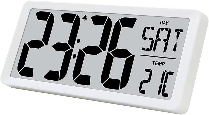 TXL 14.2" Large Digital Day Wall Clock, Custom 8 Languages Calendar, Count up-Down Timer and Temp Reminder, 12/24Hr Desktop Alarm Clock with Extra Large Display for Home Office Studio Hotel, White - Image 1