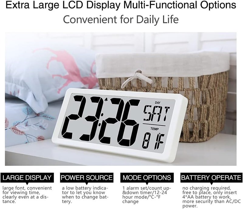 TXL 14.2" Large Digital Day Wall Clock, Custom 8 Languages Calendar, Count up-Down Timer and Temp Reminder, 12/24Hr Desktop Alarm Clock with Extra Large Display for Home Office Studio Hotel, White - Image 5