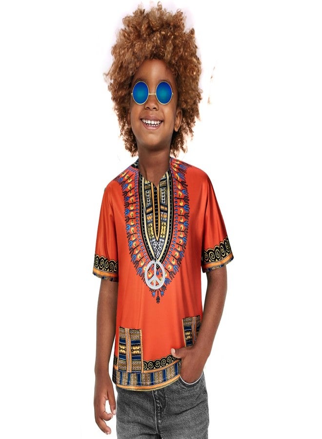 TOGROP Kids Hippie Costume for Boys Girls 60s 70s 4 Pcs T-Shirt Afro Wig Set for Halloween Party Cosplay 7-8 Years Yellow - Image 3