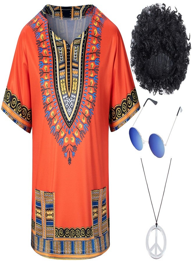 TOGROP Kids Hippie Costume for Boys Girls 60s 70s 4 Pcs T-Shirt Afro Wig Set for Halloween Party Cosplay 7-8 Years Yellow - Image 1