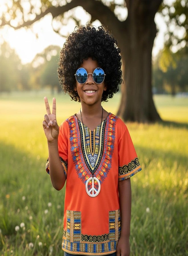 TOGROP Kids Hippie Costume for Boys Girls 60s 70s 4 Pcs T-Shirt Afro Wig Set for Halloween Party Cosplay 7-8 Years Yellow - Image 2