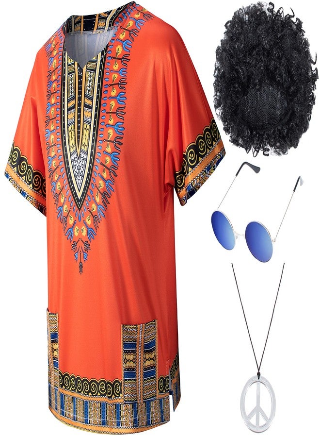 TOGROP Kids Hippie Costume for Boys Girls 60s 70s 4 Pcs T-Shirt Afro Wig Set for Halloween Party Cosplay 7-8 Years Yellow - Image 4