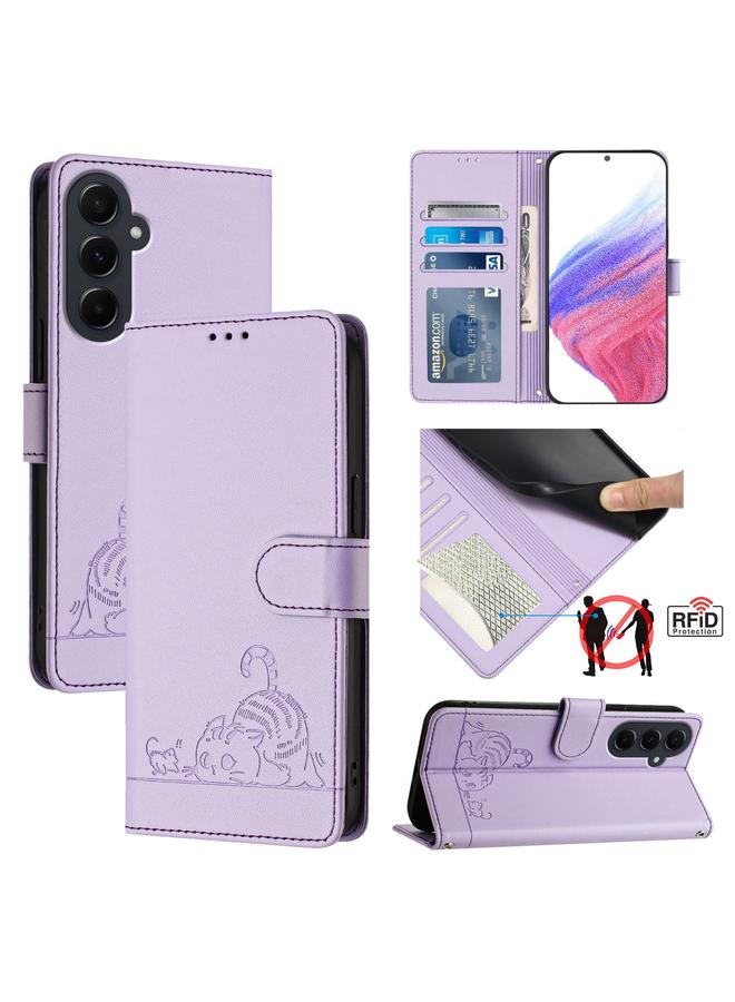S-TOP Case For Samsung Galaxy A55 5G Cat Rat Embossed Pattern RFID PU Phone Case with Wrist Strap - Image 1