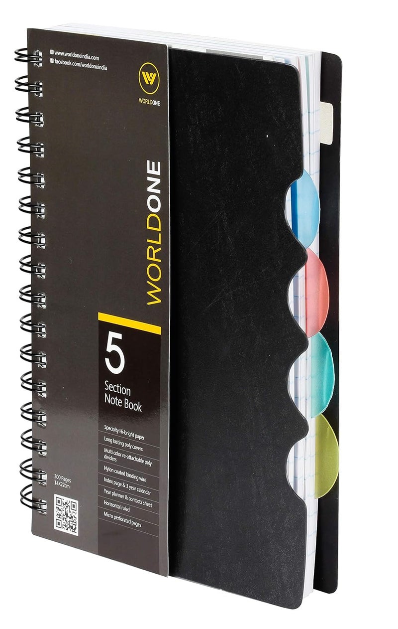 WORLDONE 5 Section Wiro Notebook with 70 GSM Hi Bright Horizontal Ruled 300 Pages, Contacts Sheet, 4 Repositionable Multicolor Separators, Black A5 Size - Image 2