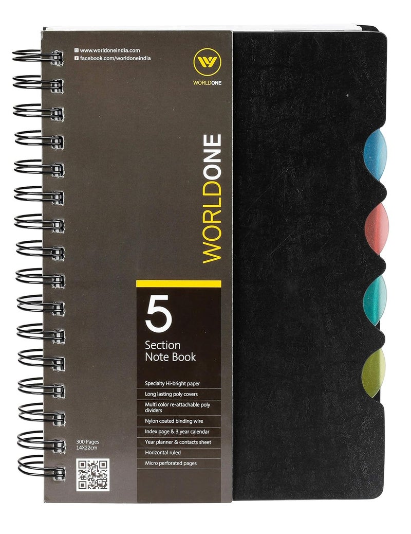 WORLDONE 5 Section Wiro Notebook with 70 GSM Hi Bright Horizontal Ruled 300 Pages, Contacts Sheet, 4 Repositionable Multicolor Separators, Black A5 Size - Image 1