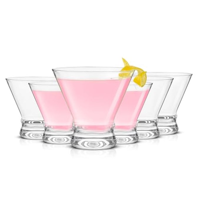 JoyJolt Afina Stemless Martini Glasses Set of 6, 8.5oz Liquor Drinking Glasses for Cocktail and Margarita, Bar Glass Cups, Glass Dessert Cups