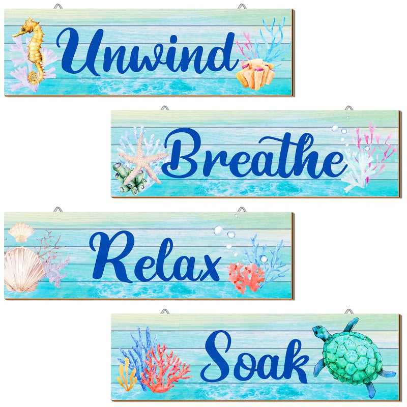 Yalikop 4 Pieces Ocean Beach Bathroom Decor Summer Wood Relax Soak Unwind Breathe Wall Art Blue Under the Sea Seashell Sea Turtles Wooden Hanging Sign for Home Laundry Spa Living Room Washroom 