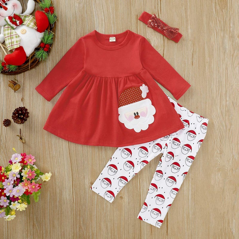 Saeaby Baby Girl Christmas Outfit Babys Christmas Baby Girls Clothes Santa Shirt Pants Set 3PCS Outfits 12-18 Months Girl Clothes Red - Image 3
