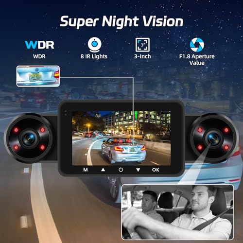NHOPEEW Dash Cam Front and Rear Inside, 4 Channel Dash Cam 3" IPS Screen Front and Back with 8 IR Night Vision Lights, Loop Recording, 24 Hours Recording, G-Sensor, Reverse Help - Image 4