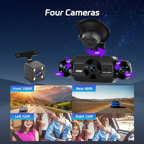 NHOPEEW Dash Cam Front and Rear Inside, 4 Channel Dash Cam 3" IPS Screen Front and Back with 8 IR Night Vision Lights, Loop Recording, 24 Hours Recording, G-Sensor, Reverse Help - Image 3