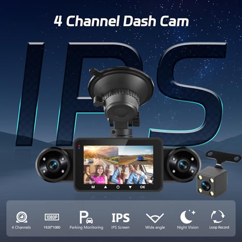 NHOPEEW Dash Cam Front and Rear Inside, 4 Channel Dash Cam 3" IPS Screen Front and Back with 8 IR Night Vision Lights, Loop Recording, 24 Hours Recording, G-Sensor, Reverse Help - Image 2