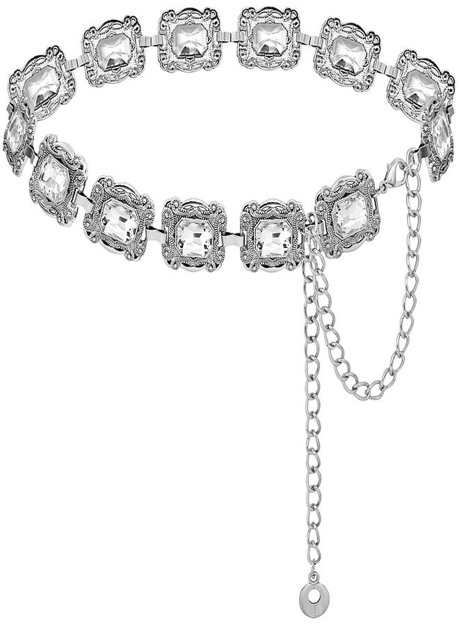 LIMHOO Western Belt for Women Metal Concho Chain Belts Cowgirl Belt Country Concert Outfit (Square Rhinestone Silver-L) - Image 1