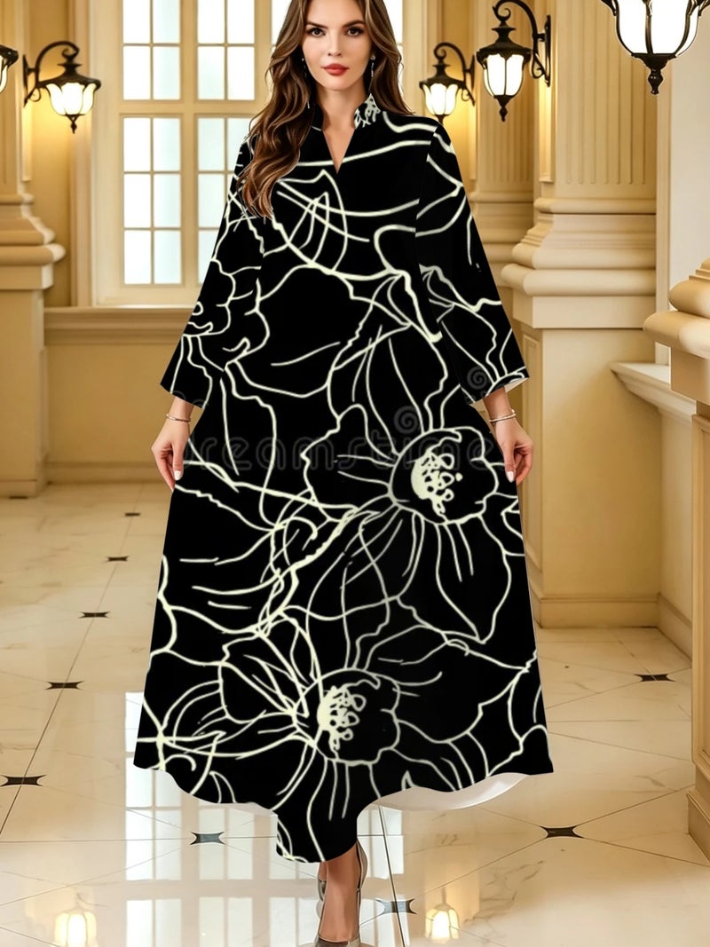 Black Base White Line Floral Art Print Stand Collar Flare Sleeve Long Abaya Dress - Image 1