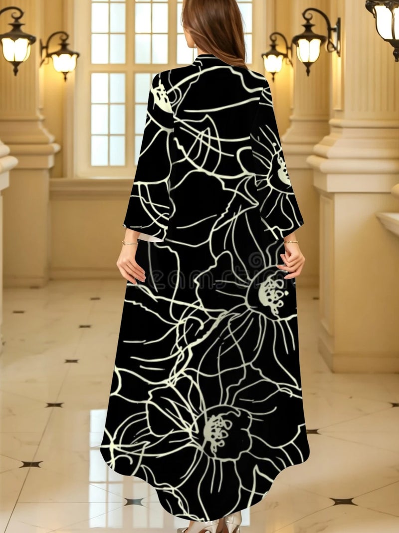 Black Base White Line Floral Art Print Stand Collar Flare Sleeve Long Abaya Dress - Image 4