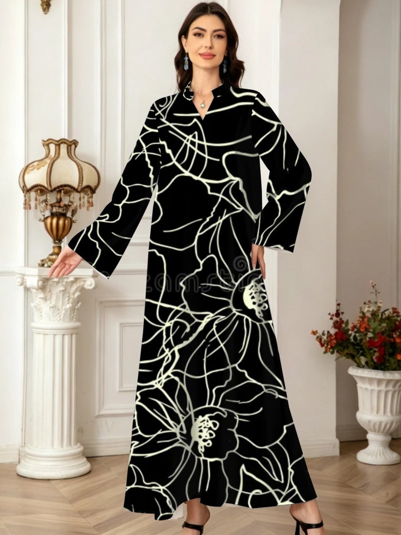 Black Base White Line Floral Art Print Stand Collar Flare Sleeve Long Abaya Dress - Image 2