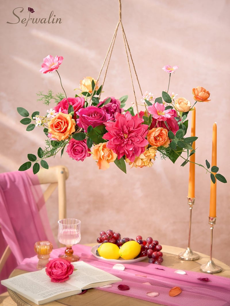 Serwalin Artificial Hot Pink & Orange Flowers, Magenta Silk Fake Flowers, Autumn Faux Flowers for Wedding Bouquet, Table Centerpieces, Home Decor - Image 2