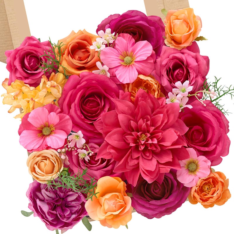 Serwalin Artificial Hot Pink & Orange Flowers, Magenta Silk Fake Flowers, Autumn Faux Flowers for Wedding Bouquet, Table Centerpieces, Home Decor - Image 1