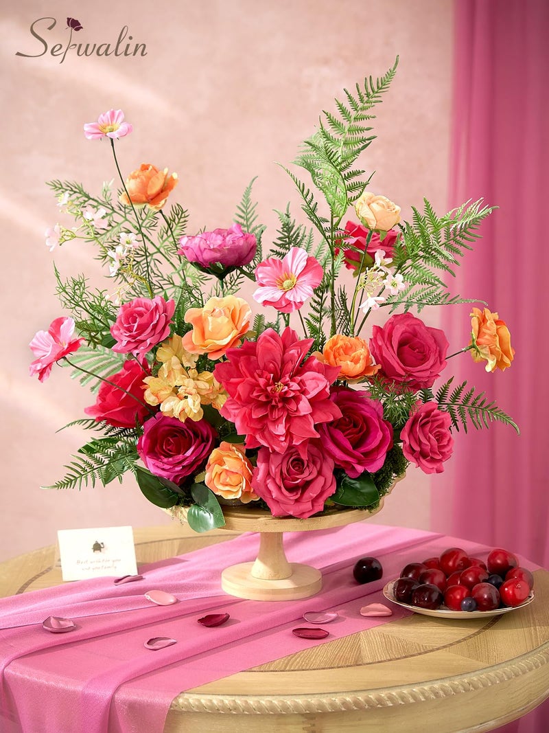 Serwalin Artificial Hot Pink & Orange Flowers, Magenta Silk Fake Flowers, Autumn Faux Flowers for Wedding Bouquet, Table Centerpieces, Home Decor - Image 5