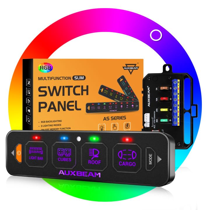 Auxbeam 4 Gang Slim Switch Panel RGB ASR40 Toggle Momentary Pulsed Dimmable Backlight Multifunction Switch Panel with Memory Function for 1224V Truck Offroad Car Marine Waterproof 2 Years Warranty