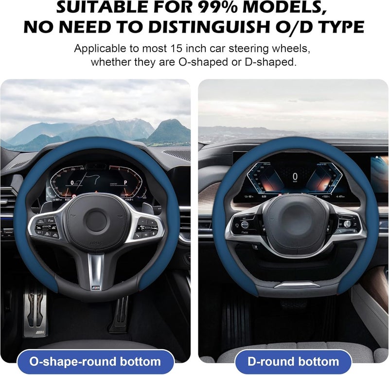 frani Leather Steering Wheel Cover, Universal 15 Inch Premium Non-Slip Steering Wheel Cover Navy Blue - Image 3
