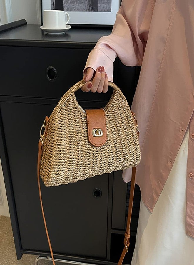 Caistre Straw Tote Bag for Women Mini Crossbody Bag Chic Tote Purses Retro Satchel Bag Handmade Shoulder Bag Beach Straw Bag Handbag - Image 4