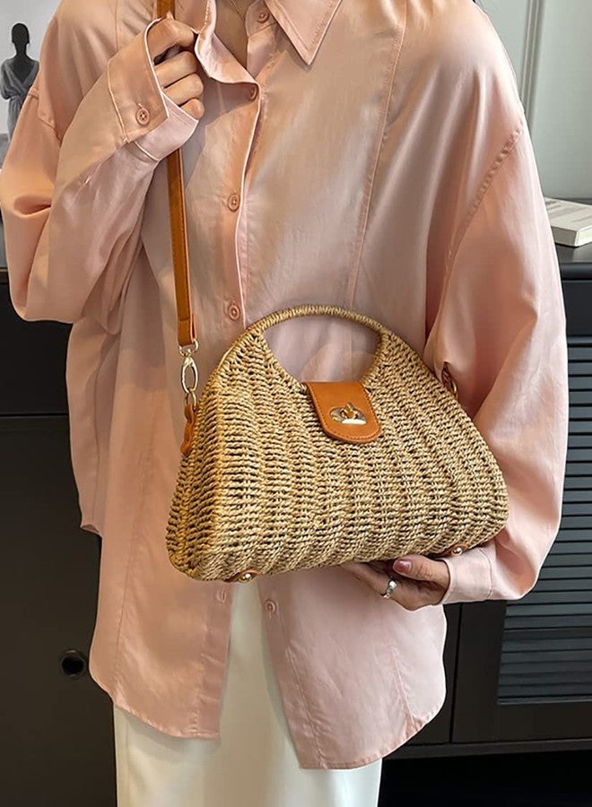 Caistre Straw Tote Bag for Women Mini Crossbody Bag Chic Tote Purses Retro Satchel Bag Handmade Shoulder Bag Beach Straw Bag Handbag - Image 3