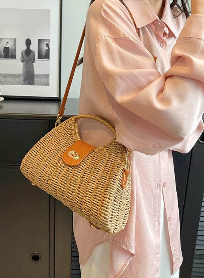 Caistre Straw Tote Bag for Women Mini Crossbody Bag Chic Tote Purses Retro Satchel Bag Handmade Shoulder Bag Beach Straw Bag Handbag - Image 2