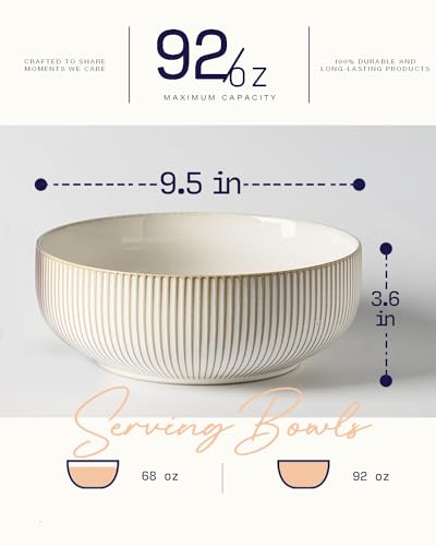 getstar Large Serving Bowls (9.5 inch & 92 fl oz), Ceramic Salad Bowl Set of 2, Microwave and Dishwasher Safe, Farmhouse Kitchen Decorative Bowls Set (Embossed Checks & Stripes) - Image 3