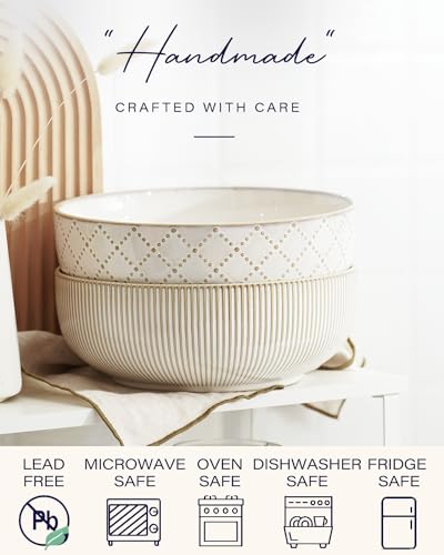 getstar Large Serving Bowls (9.5 inch & 92 fl oz), Ceramic Salad Bowl Set of 2, Microwave and Dishwasher Safe, Farmhouse Kitchen Decorative Bowls Set (Embossed Checks & Stripes) - Image 4