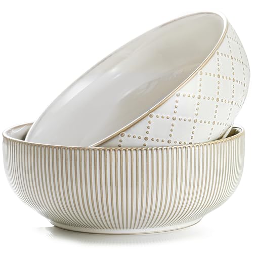 getstar Large Serving Bowls (9.5 inch & 92 fl oz), Ceramic Salad Bowl Set of 2, Microwave and Dishwasher Safe, Farmhouse Kitchen Decorative Bowls Set (Embossed Checks & Stripes) - Image 1