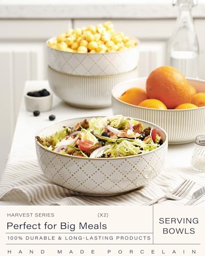 getstar Large Serving Bowls (9.5 inch & 92 fl oz), Ceramic Salad Bowl Set of 2, Microwave and Dishwasher Safe, Farmhouse Kitchen Decorative Bowls Set (Embossed Checks & Stripes) - Image 2