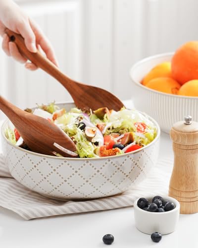 getstar Large Serving Bowls (9.5 inch & 92 fl oz), Ceramic Salad Bowl Set of 2, Microwave and Dishwasher Safe, Farmhouse Kitchen Decorative Bowls Set (Embossed Checks & Stripes) - Image 5