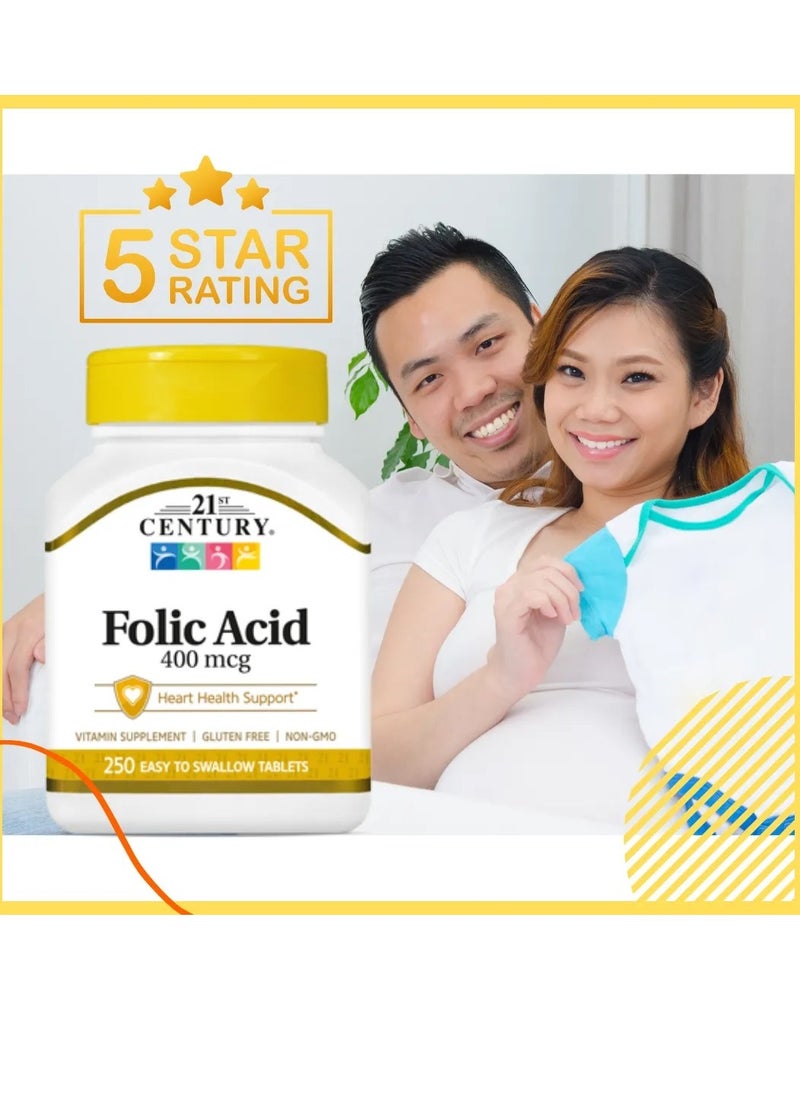 21st CENTURY - Folic Acid Supplement 400 mcg Cardiovascular & Heart Health Support, Nervous System, Improve Fertility and  A Sperm Count Booster 250 Easy to Swallow Tablets (USA) - Image 1