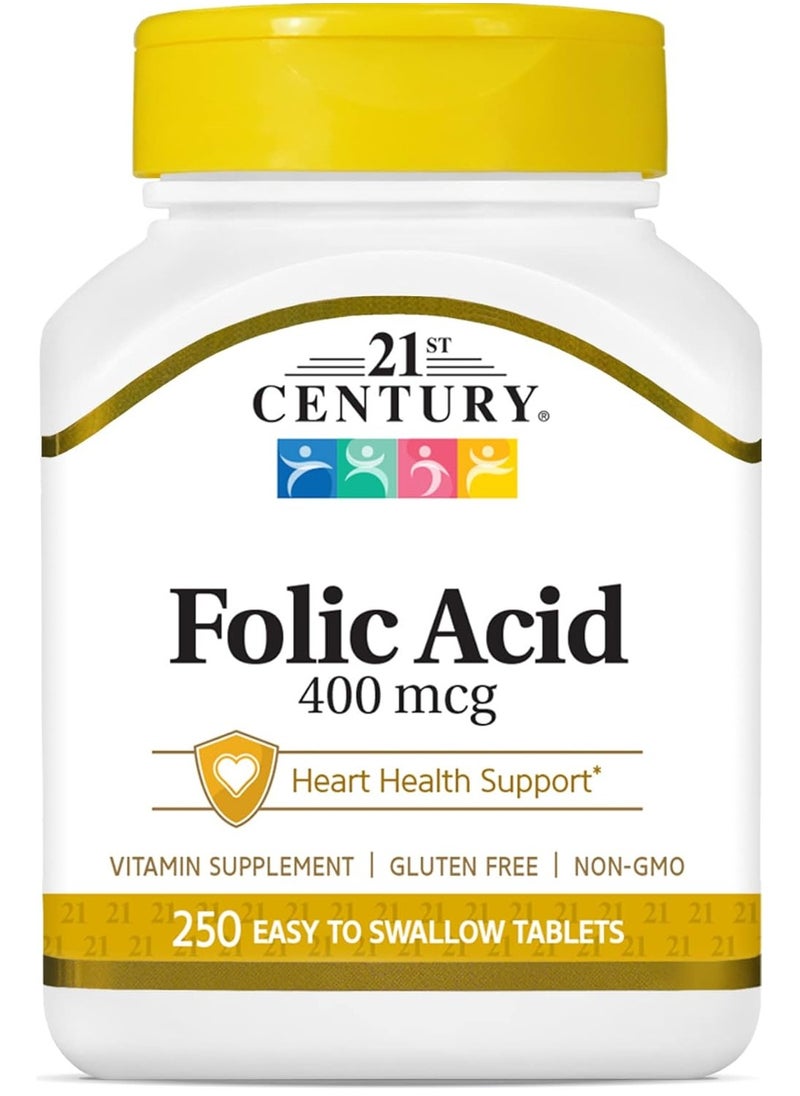 21st CENTURY - Folic Acid Supplement 400 mcg Cardiovascular & Heart Health Support, Nervous System, Improve Fertility and  A Sperm Count Booster 250 Easy to Swallow Tablets (USA) - Image 1