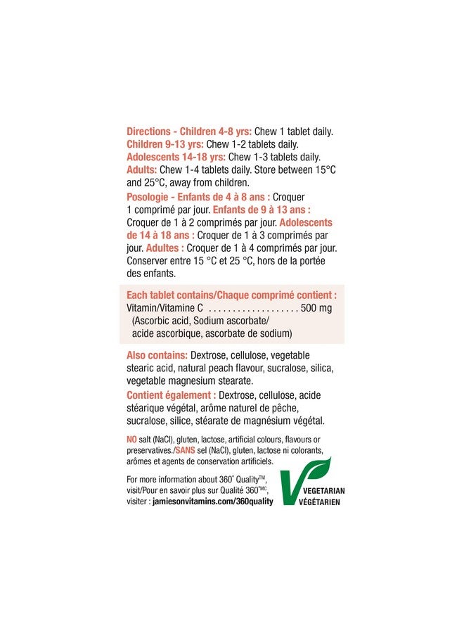 Jamieson Vitamin C Chewables 500 mg - Juicy White Peach Flavour, 120 Tablets - Image 5