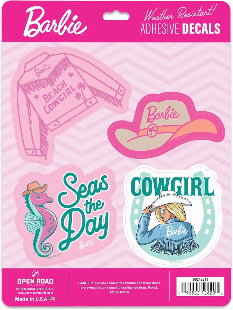 Open Road Brands Mattel Barbie Beach Cowgirl 4 Pack Adhesive Vinyl Decals - Western Barbie Stickers for Water Bottle or Laptop - Image 1