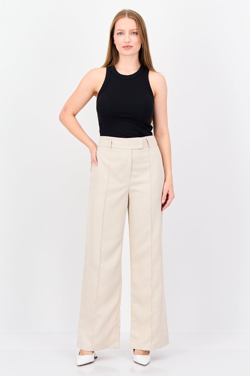 trendyol Women Regular Fit Plain Wide Leg Pants, Beige - Image 4