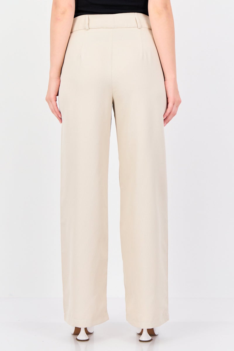 trendyol Women Regular Fit Plain Wide Leg Pants, Beige - Image 3