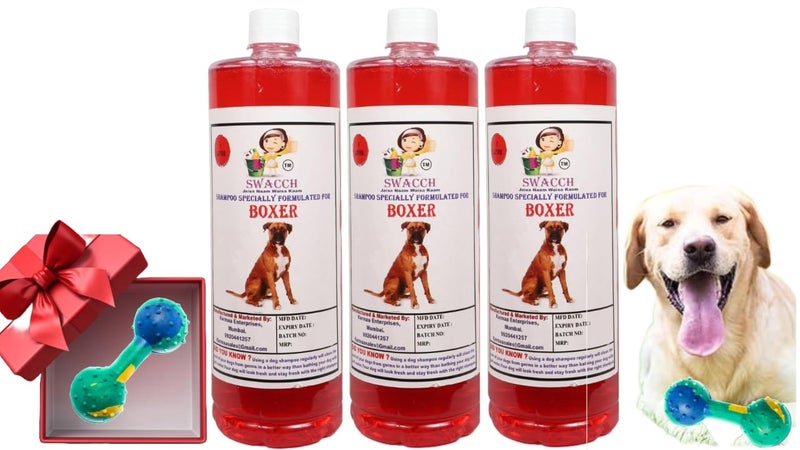 swacch Boxer Dog Shampoo + Dumbbell Toy I Durable Rubber Dog Toy for Chewing I Playing,Teeth Cleaning & Training Toy I Combo Pack I 1 Litre Pack of 3 Strawberry - Image 1