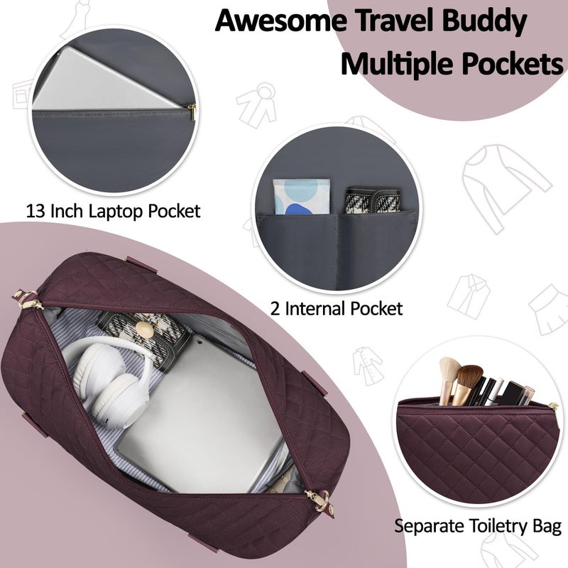 Tenot Quilted Travel Duffle Bag for Travel Women with Toiletry Bag, Large Weekender Bags for Women Carry on Duffel Overnight Bag, Waterproof Travel Tote Bags for Sports, Weekender, Business, Red - Image 4